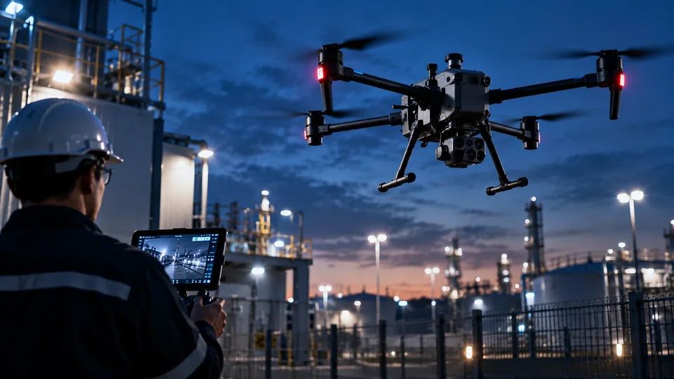 Dron profesional en vuelo sobre una planta industrial