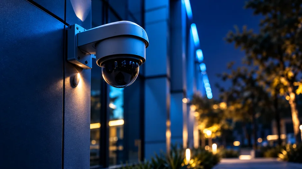 Cámara domo de videovigilancia instalada en la fachada de un edificio